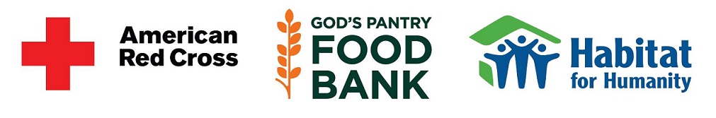 Logos for American Red Cross, God's Pantry Food Bank, and Habitat for Humanity