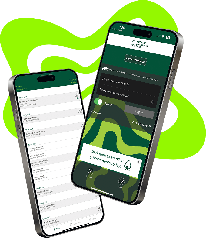 Two iPhones displaying Peoples Exchange Bank's mobile app