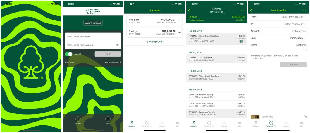 Screenshots from within Peoples Exchange Bank's mobile banking app 