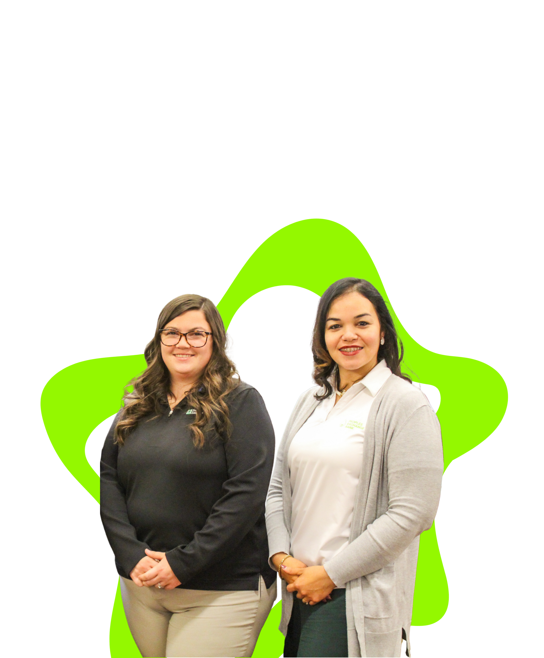 Dali and Amber, Peoples Exchange Bank employees, smiling together